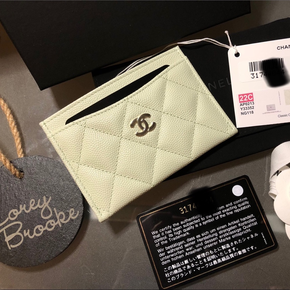 Chanel classic card holder, 22C light green with light gold hardware, caviar